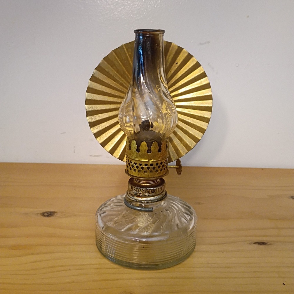 Vintage P&A Glass Miniature Oil Lamp With Reflector (Damaged Chimney) 6 1/8"